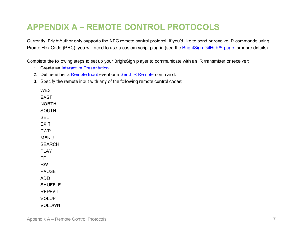 Appendix a – remote control protocols | BrightSign BrightAuthor User Guide v.4.1.1 User Manual | Page 179 / 190