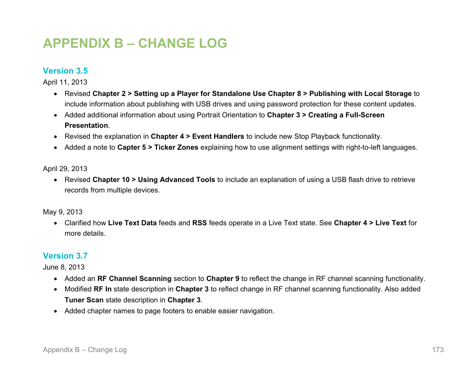 Appendix b – change log, Version 3.5, Version 3.7 | BrightSign BrightAuthor User Guide v.4.1.1 User Manual | Page 181 / 190