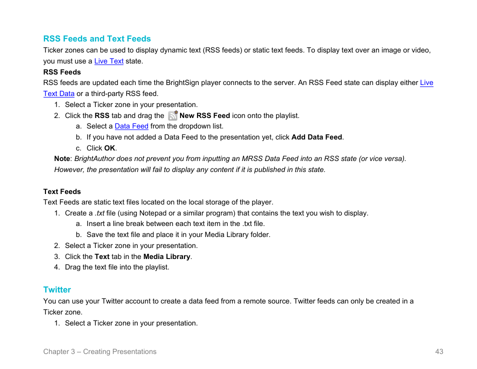 Rss feeds and text feeds, Twitter, Text | Rss feed | BrightSign BrightAuthor User Guide v.4.1.1 User Manual | Page 51 / 190