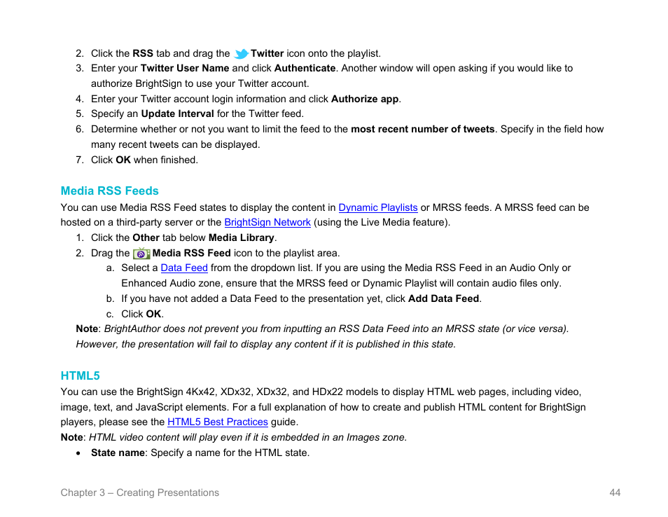 Media rss feeds, Html5 | BrightSign BrightAuthor User Guide v.4.1.1 User Manual | Page 52 / 190