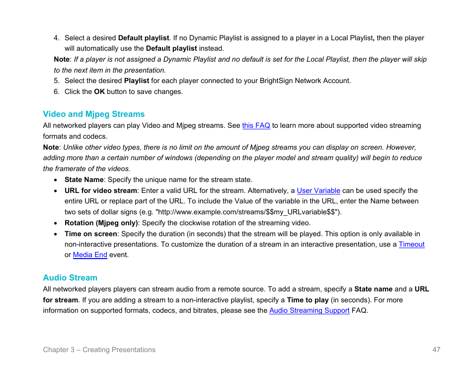 Video and mjpeg streams, Audio stream | BrightSign BrightAuthor User Guide v.4.1.1 User Manual | Page 55 / 190