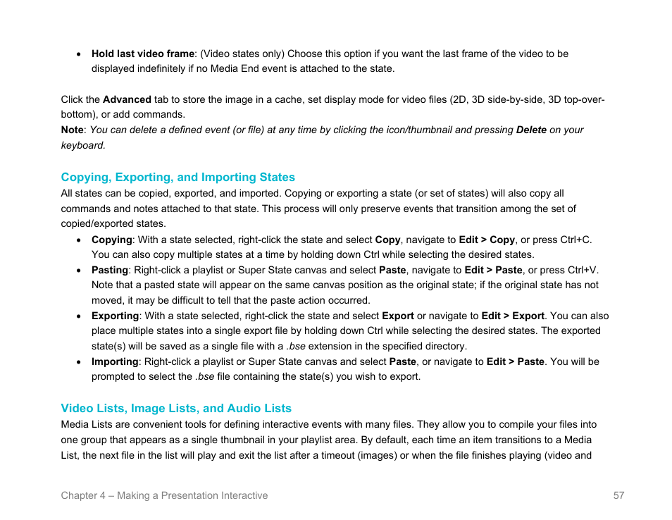 Copying, exporting, and importing states, Video lists, image lists, and audio lists | BrightSign BrightAuthor User Guide v.4.1.1 User Manual | Page 65 / 190