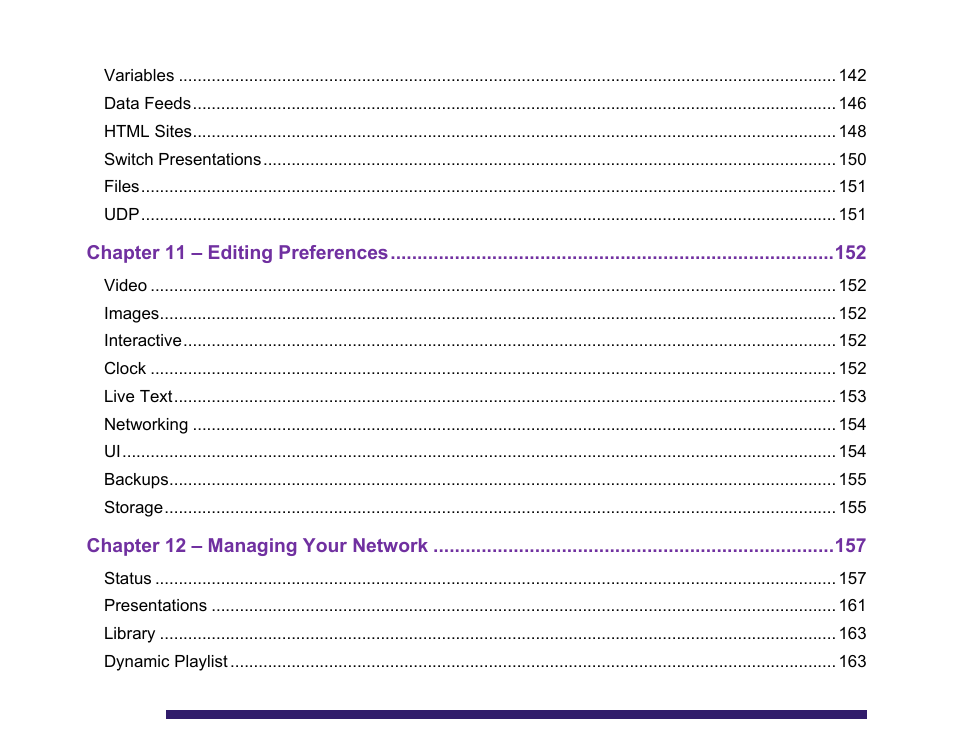 Chapter 11 – editing preferences, Chapter 12 – managing your network | BrightSign BrightAuthor User Guide v.4.1.1 User Manual | Page 7 / 190