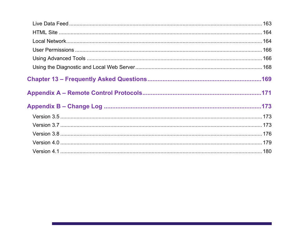 Chapter 13 – frequently asked questions, Appendix a – remote control protocols, Appendix b – change log | BrightSign BrightAuthor User Guide v.4.1.1 User Manual | Page 8 / 190