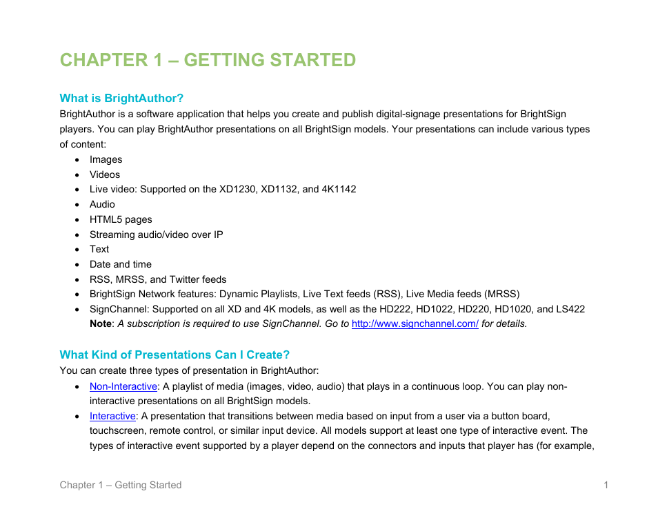 Chapter 1 – getting started, What is brightauthor, What kind of presentations can i create | BrightSign BrightAuthor User Guide v.4.1.1 User Manual | Page 9 / 190