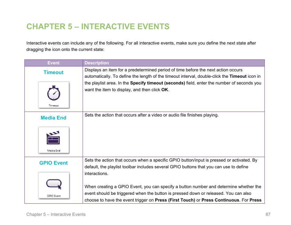 Chapter 5 – interactive events, Timeout, Media end | Gpio event, Media, Chapter 5, Interactive events | BrightSign BrightAuthor User Guide v.4.1.1 User Manual | Page 95 / 190