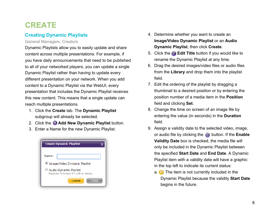 Create, Creating dynamic playlists, Dynamic playlists | Dynamic, Playlists | BrightSign Network WebUI User Guide v.3.9 User Manual | Page 12 / 47