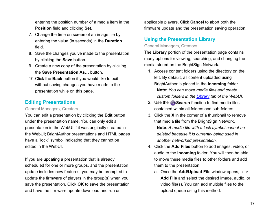 Editing presentations, Using the presentation library | BrightSign Network WebUI User Guide v.3.9 User Manual | Page 21 / 47