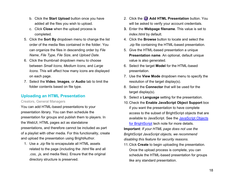 Uploading an html presentation | BrightSign Network WebUI User Guide v.3.9 User Manual | Page 22 / 47
