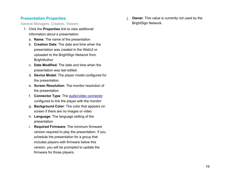 Presentation properties | BrightSign Network WebUI User Guide v.3.9 User Manual | Page 23 / 47