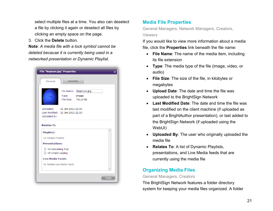 Media file properties, Organizing media files | BrightSign Network WebUI User Guide v.3.9 User Manual | Page 25 / 47
