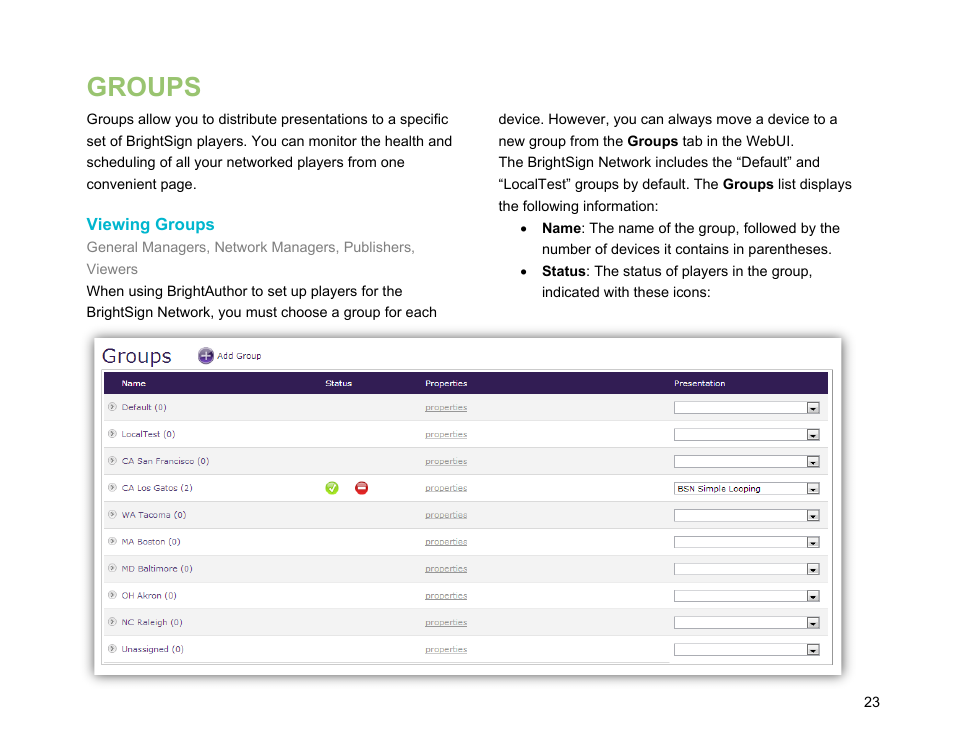 Groups, Viewing groups | BrightSign Network WebUI User Guide v.3.9 User Manual | Page 27 / 47