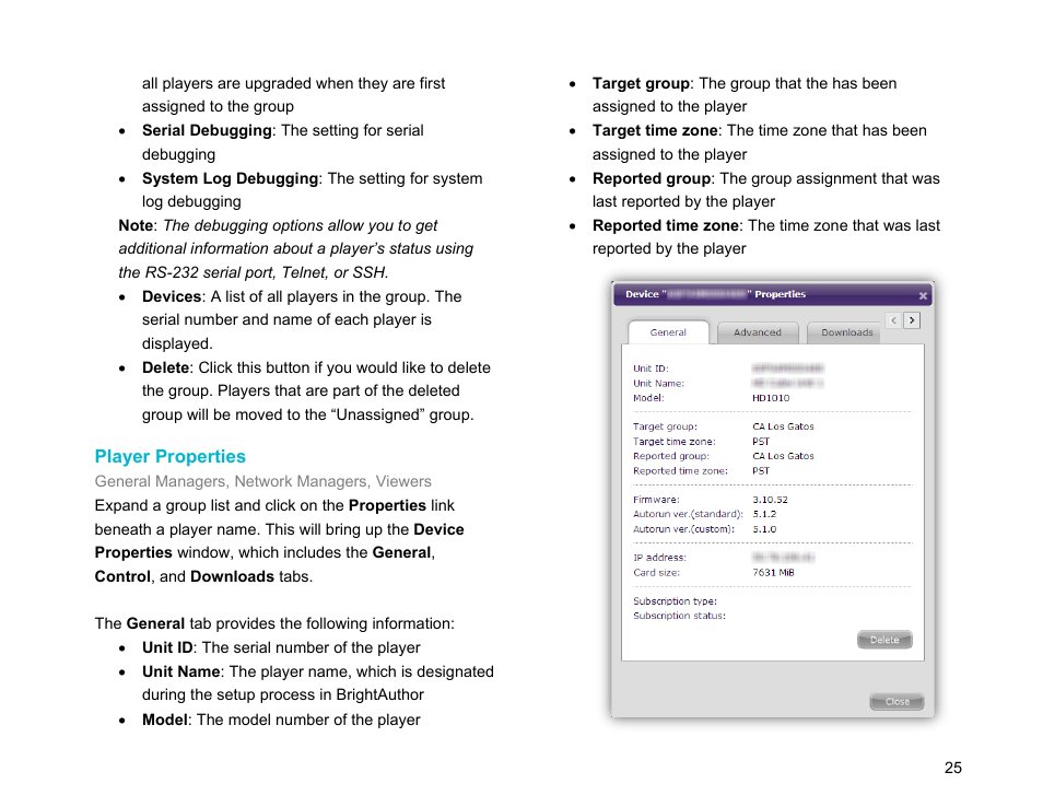 Player properties | BrightSign Network WebUI User Guide v.3.9 User Manual | Page 29 / 47