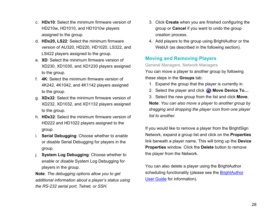 Moving and removing players | BrightSign Network WebUI User Guide v.3.9 User Manual | Page 32 / 47