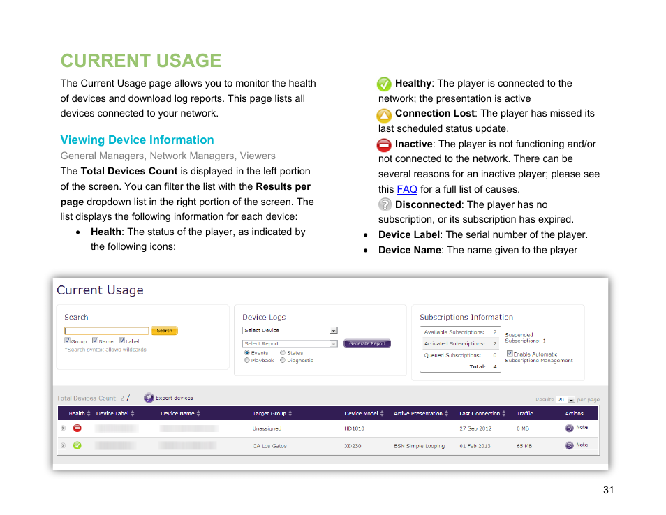 Current usage, Viewing device information | BrightSign Network WebUI User Guide v.3.9 User Manual | Page 35 / 47