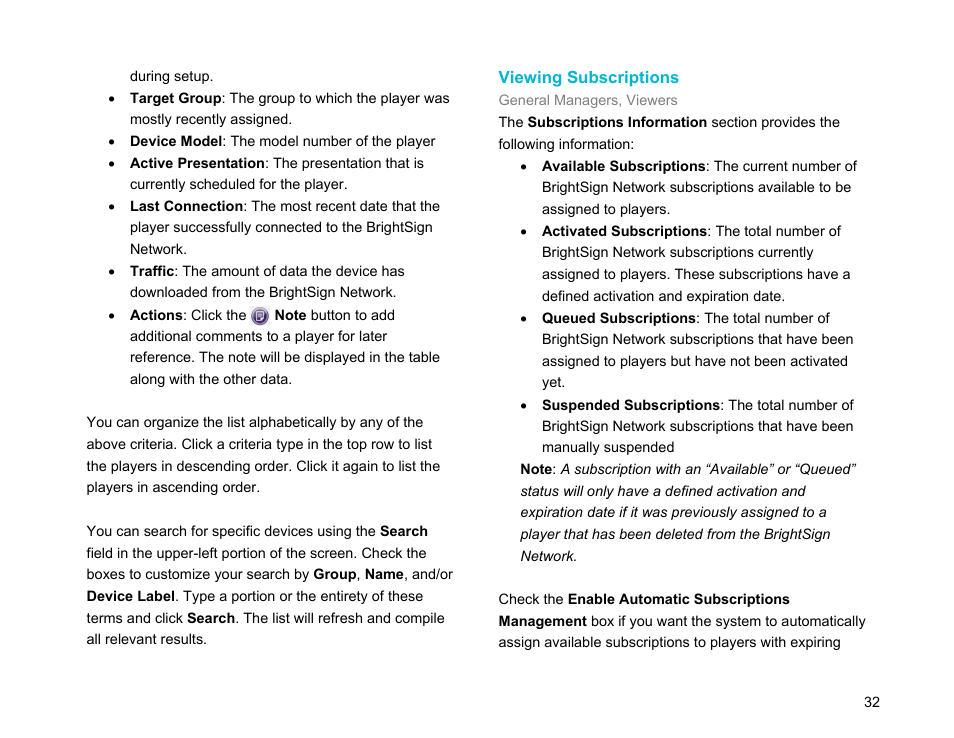 Viewing subscriptions, Subscription status | BrightSign Network WebUI User Guide v.3.9 User Manual | Page 36 / 47