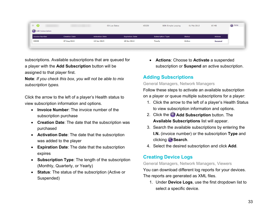 Adding subscriptions, Creating device logs, Add purchased subscriptions | BrightSign Network WebUI User Guide v.3.9 User Manual | Page 37 / 47