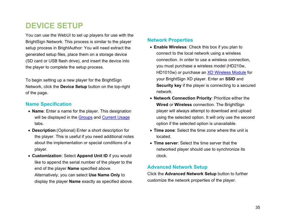 Device setup, Name specification, Network properties | Advanced network setup | BrightSign Network WebUI User Guide v.3.9 User Manual | Page 39 / 47