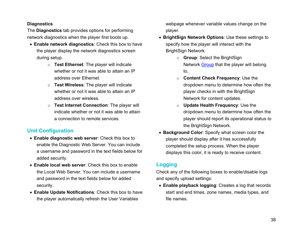 Unit configuration, Logging | BrightSign Network WebUI User Guide v.3.9 User Manual | Page 42 / 47