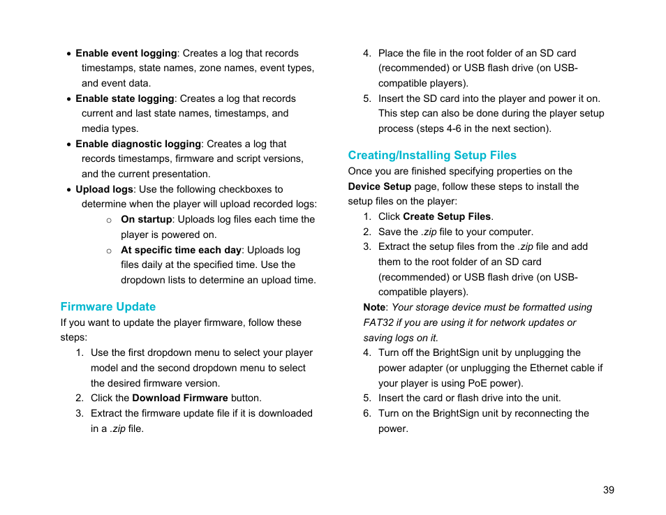 Firmware update, Creating/installing setup files | BrightSign Network WebUI User Guide v.3.9 User Manual | Page 43 / 47