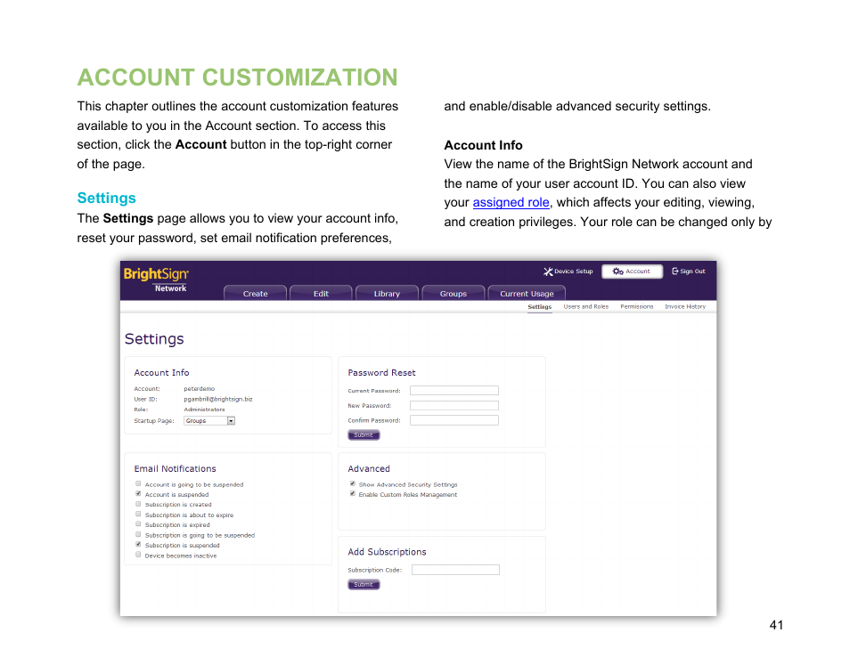 Account customization, Settings | BrightSign Network WebUI User Guide v.3.9 User Manual | Page 45 / 47