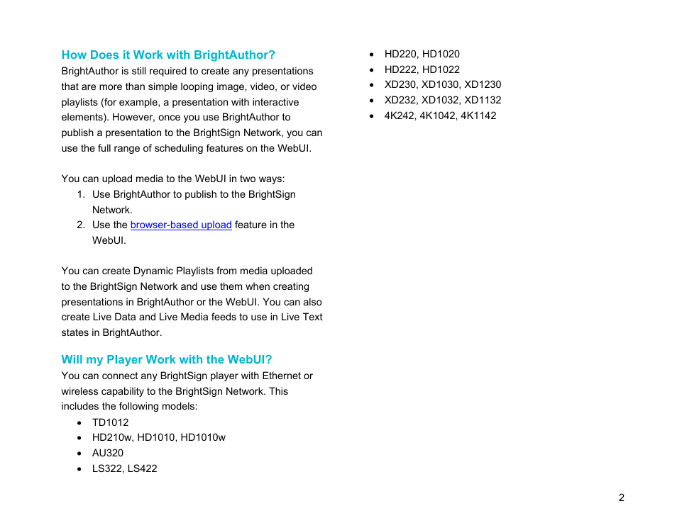 How does it work with brightauthor, Will my player work with the webui? 2 | BrightSign Network WebUI User Guide v.3.9 User Manual | Page 6 / 47