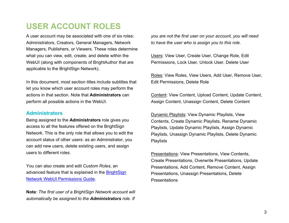 User account roles, Administrators | BrightSign Network WebUI User Guide v.3.9 User Manual | Page 7 / 47