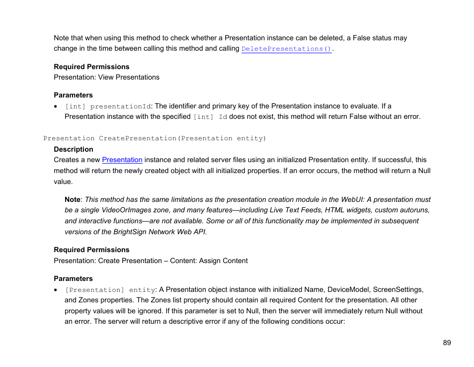 Createpresentation() | BrightSign Network Web API Reference Manual v.3.8 User Manual | Page 101 / 138