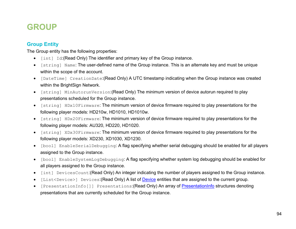 Group, Group entity | BrightSign Network Web API Reference Manual v.3.8 User Manual | Page 106 / 138