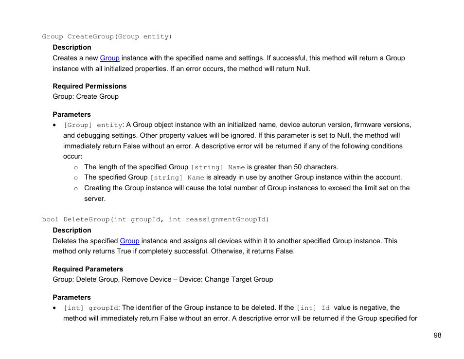 Group creategroup(group entity) | BrightSign Network Web API Reference Manual v.3.8 User Manual | Page 110 / 138