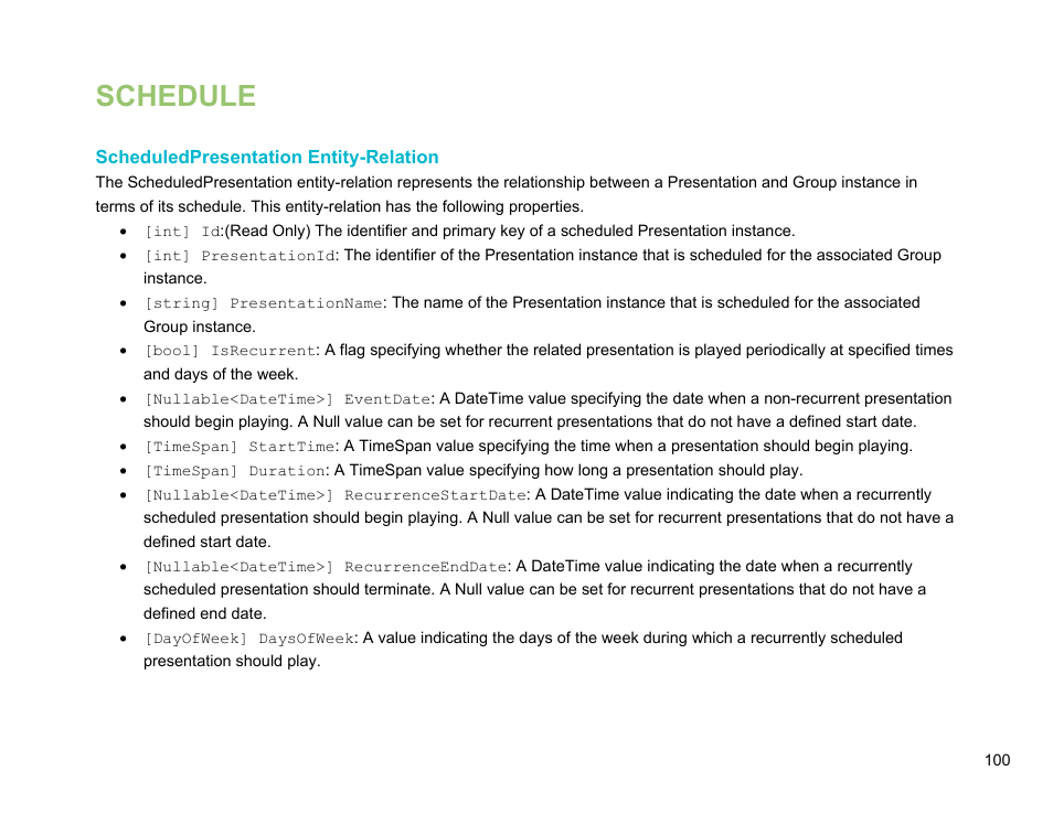 Schedule, Scheduledpresentation entity-relation | BrightSign Network Web API Reference Manual v.3.8 User Manual | Page 112 / 138