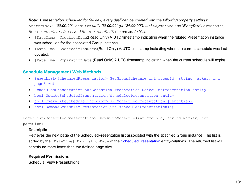 Schedule management web methods | BrightSign Network Web API Reference Manual v.3.8 User Manual | Page 113 / 138