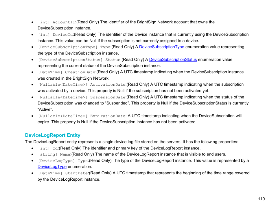 Devicelogreport entity | BrightSign Network Web API Reference Manual v.3.8 User Manual | Page 122 / 138