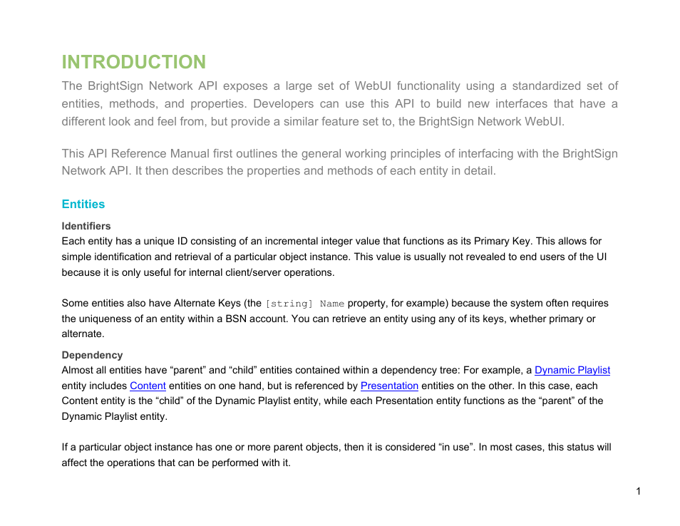 Introduction, Entities, Identifiers | Dependency | BrightSign Network Web API Reference Manual v.3.8 User Manual | Page 13 / 138