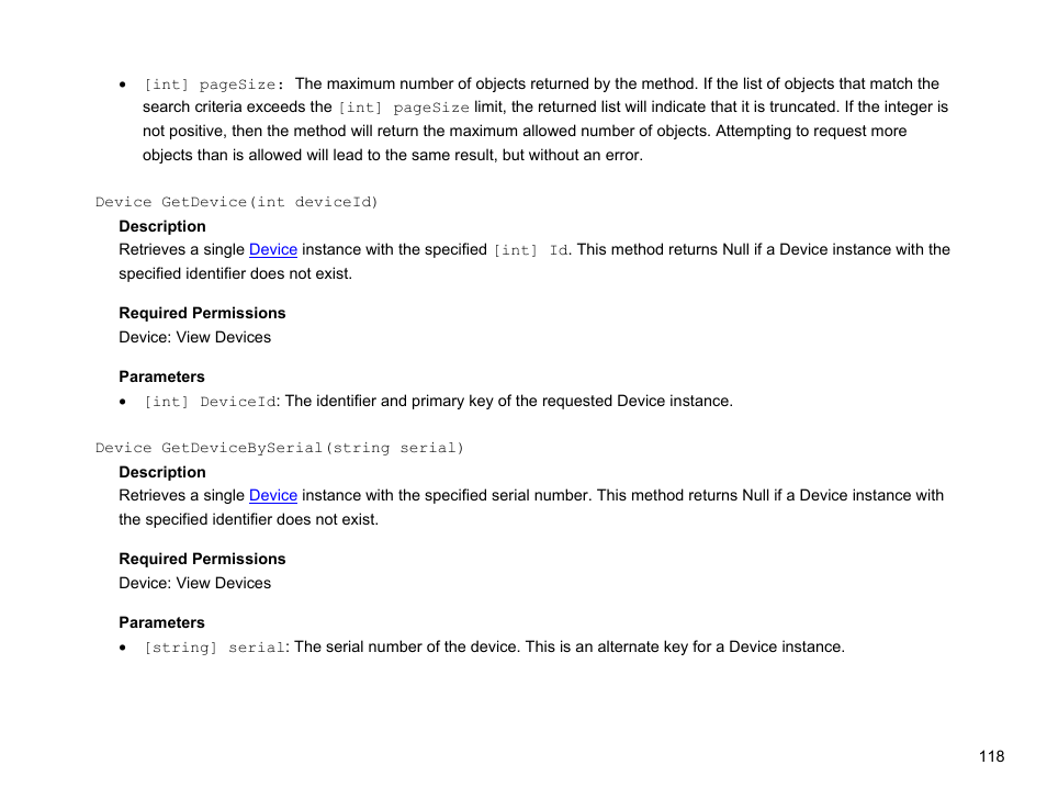 Device getdevice(int deviceid), Device getdevicebyserial(string serial) | BrightSign Network Web API Reference Manual v.3.8 User Manual | Page 130 / 138