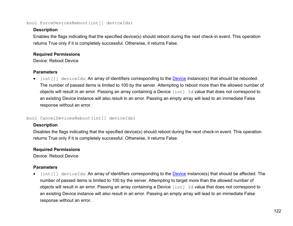Bool forcedevicesreboot(int[] deviceids), Bool canceldevicesreboot(int[] deviceids) | BrightSign Network Web API Reference Manual v.3.8 User Manual | Page 134 / 138