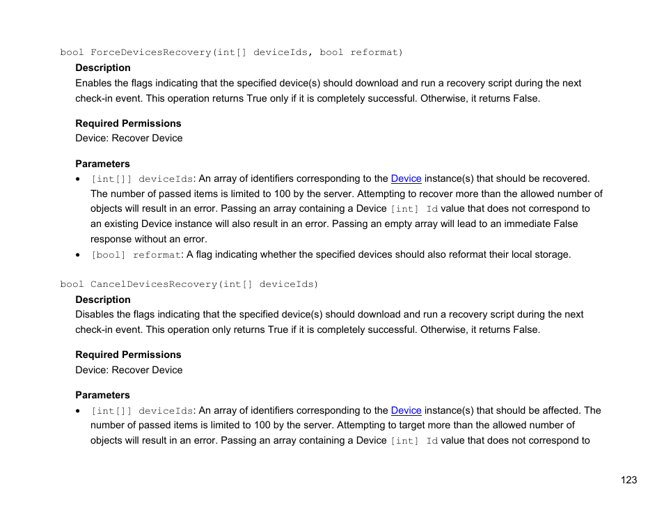 Bool canceldevicesrecovery(int[] deviceids) | BrightSign Network Web API Reference Manual v.3.8 User Manual | Page 135 / 138