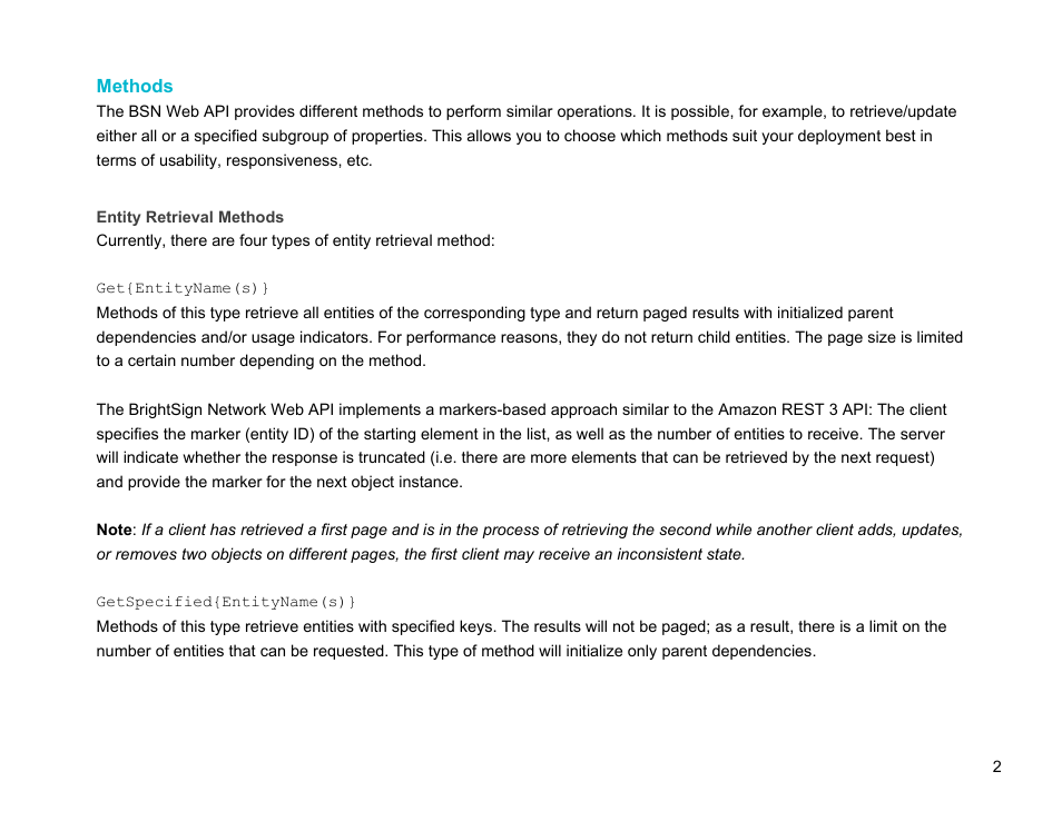 Methods, Entity retrieval methods | BrightSign Network Web API Reference Manual v.3.8 User Manual | Page 14 / 138