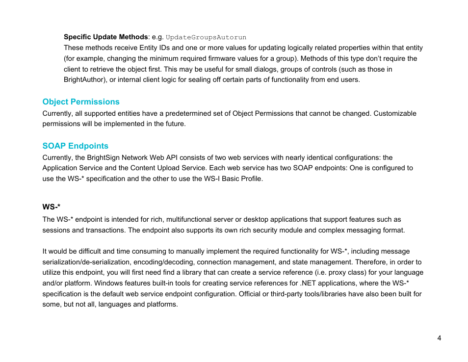 Object permissions, Soap endpoints | BrightSign Network Web API Reference Manual v.3.8 User Manual | Page 16 / 138
