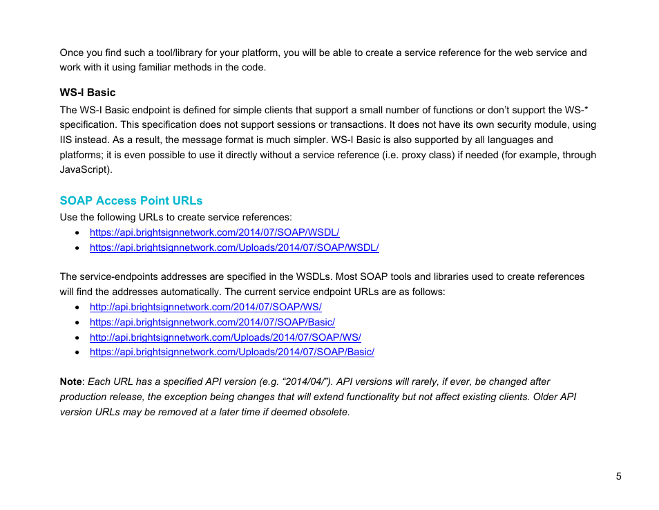 Soap access point urls | BrightSign Network Web API Reference Manual v.3.8 User Manual | Page 17 / 138