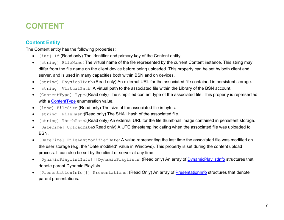 Content, Content entity | BrightSign Network Web API Reference Manual v.3.8 User Manual | Page 19 / 138