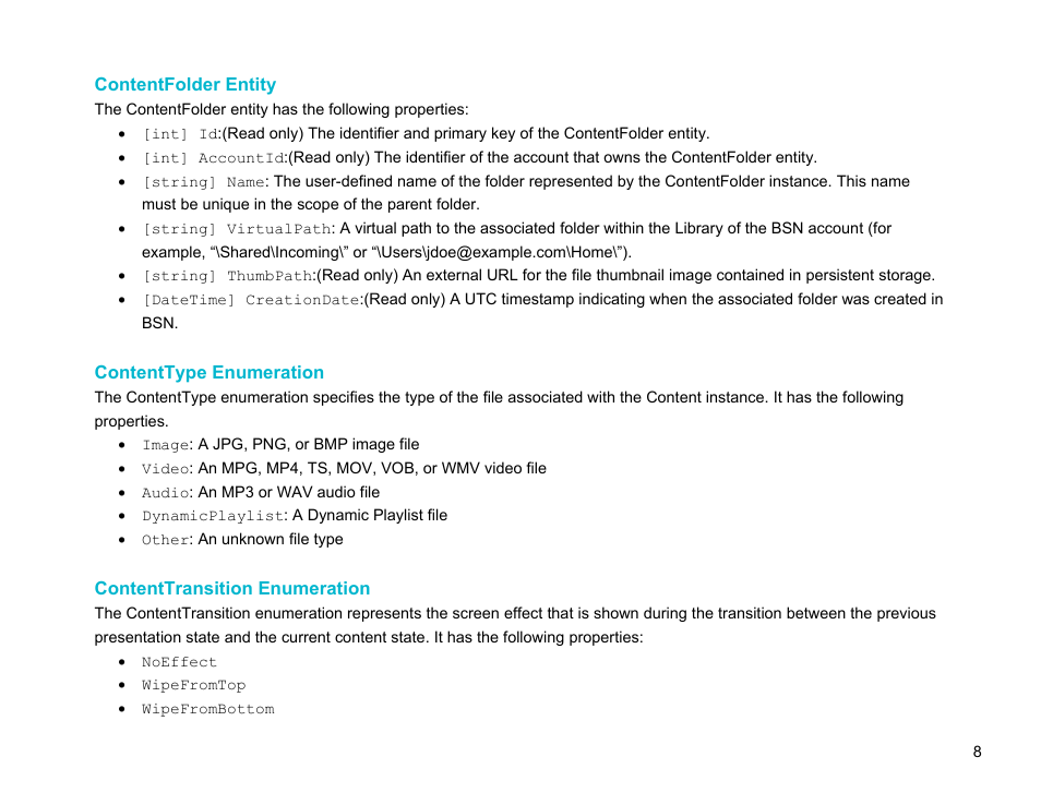 Contentfolder entity, Contenttype enumeration, Contenttransition enumeration | Contenttype | BrightSign Network Web API Reference Manual v.3.8 User Manual | Page 20 / 138