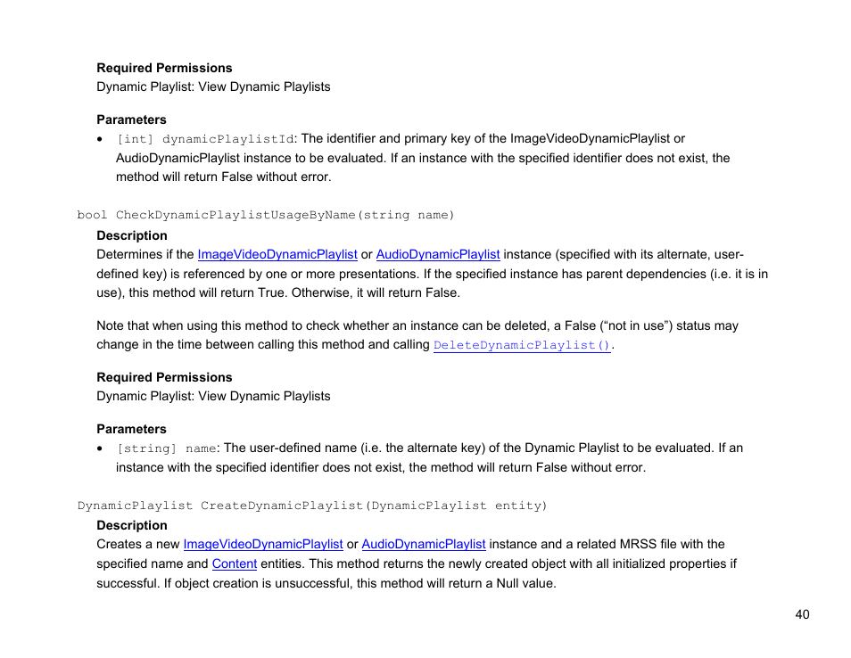 Bool checkdynamicplaylistusagebyname(string name), Createdynamicplaylist() | BrightSign Network Web API Reference Manual v.3.8 User Manual | Page 52 / 138