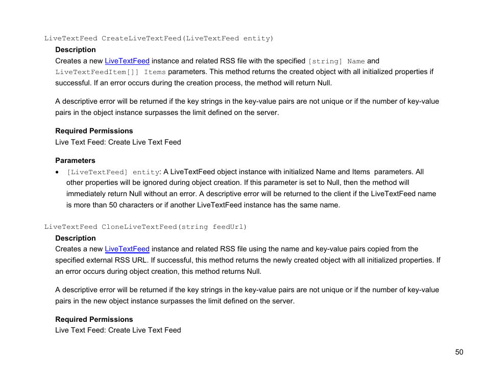 Livetextfeed clonelivetextfeed(string feedurl), Createlivetextfeed() | BrightSign Network Web API Reference Manual v.3.8 User Manual | Page 62 / 138