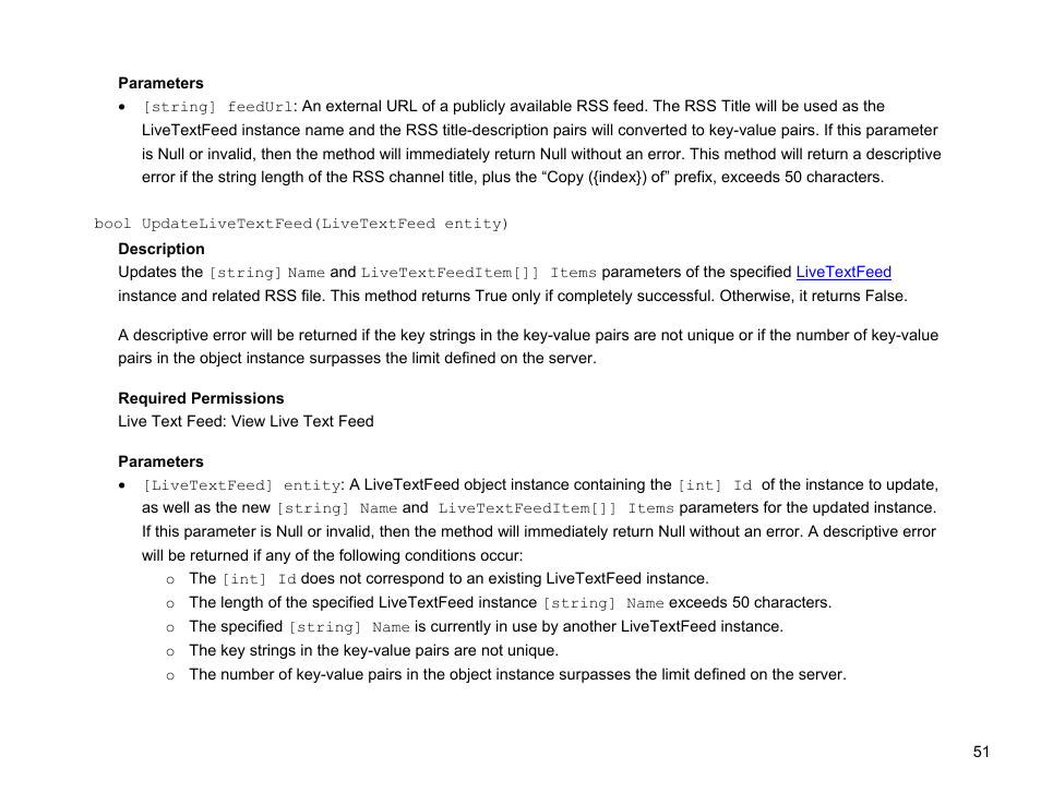 Bool updatelivetextfeed(livetextfeed entity) | BrightSign Network Web API Reference Manual v.3.8 User Manual | Page 63 / 138