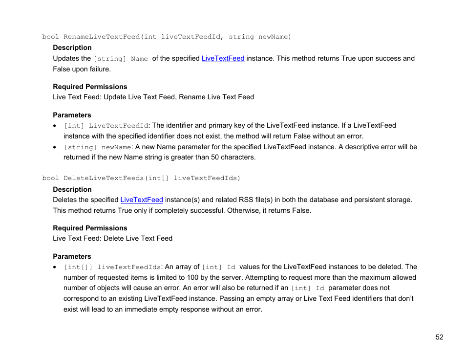 Bool deletelivetextfeeds(int[] livetextfeedids), Deletelivetextfeed() | BrightSign Network Web API Reference Manual v.3.8 User Manual | Page 64 / 138