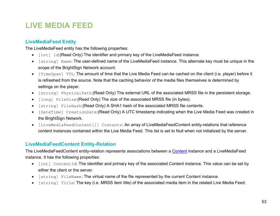Live media feed, Livemediafeed entity, Livemediafeedcontent entity-relation | BrightSign Network Web API Reference Manual v.3.8 User Manual | Page 65 / 138