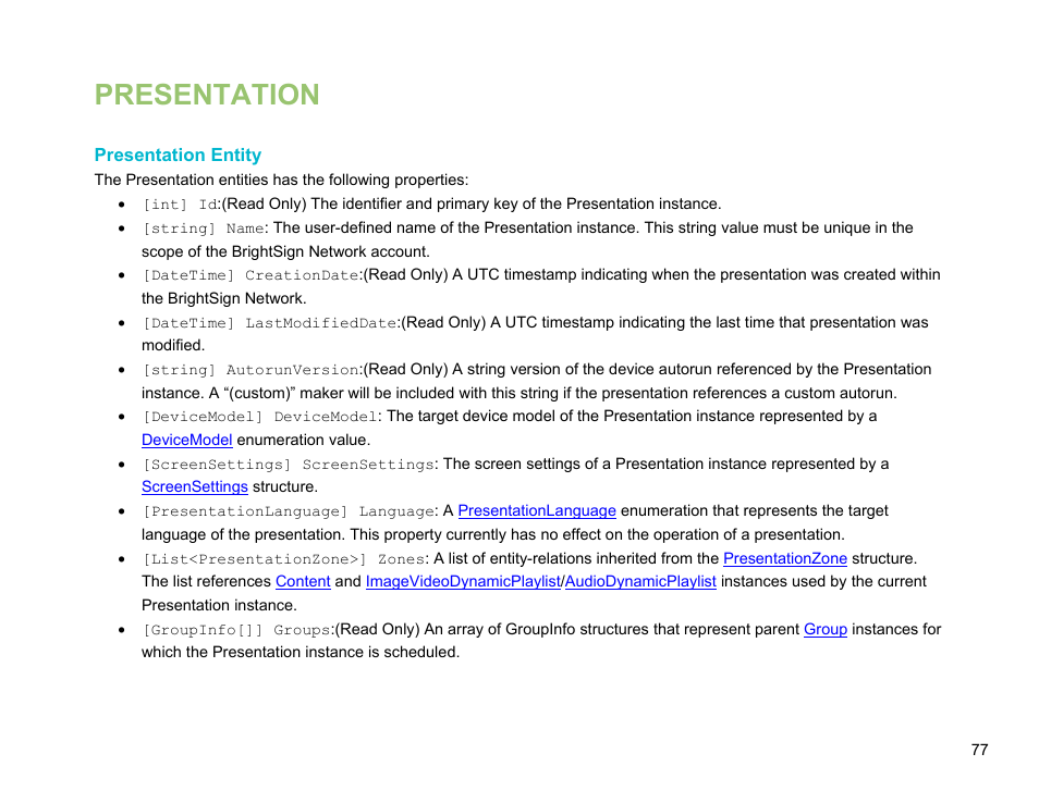 Presentation, Presentation entity, Een a | BrightSign Network Web API Reference Manual v.3.8 User Manual | Page 89 / 138