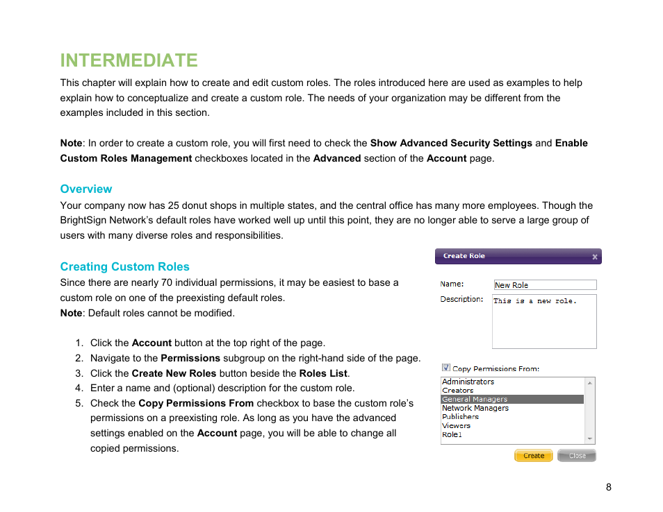 Intermediate, Overview, Creating custom roles | BrightSign Network WebUI Permissions User Guide v.1.0 User Manual | Page 10 / 15