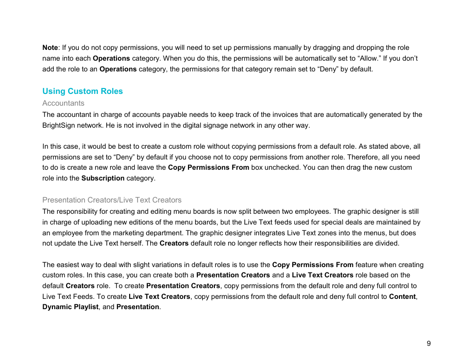 Using custom roles | BrightSign Network WebUI Permissions User Guide v.1.0 User Manual | Page 11 / 15